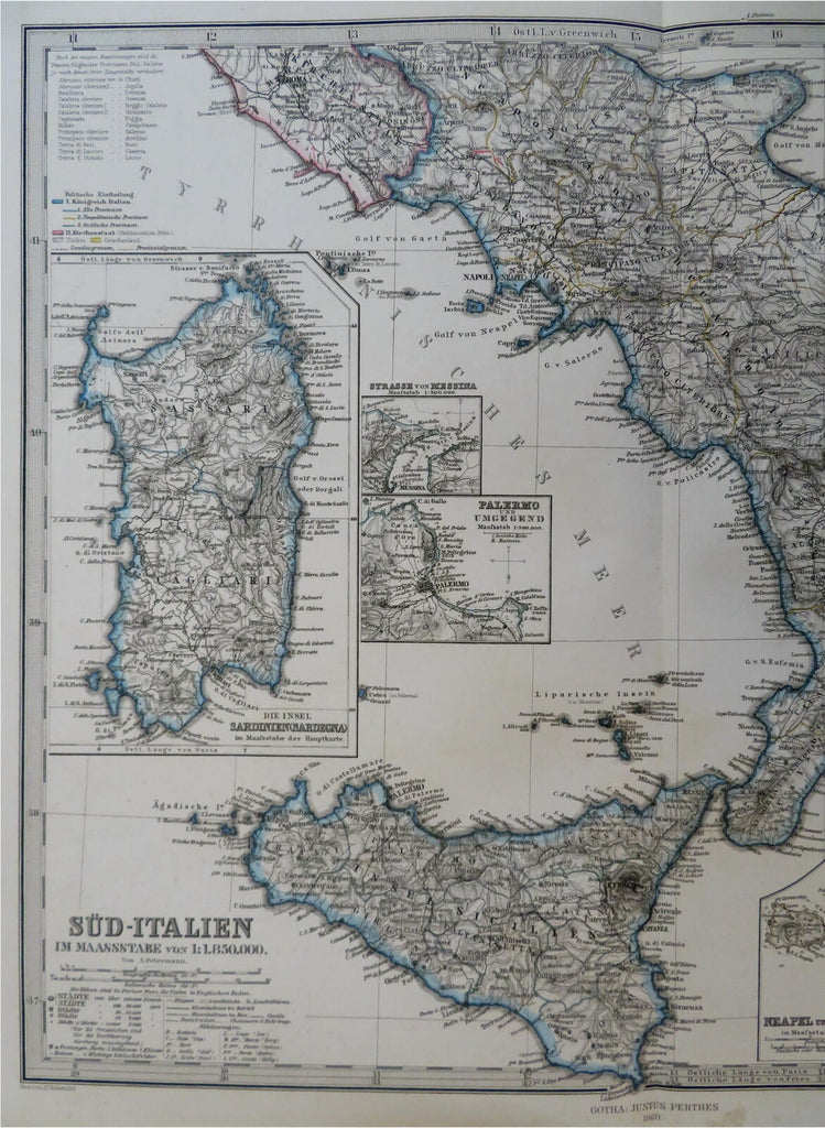 Southern Italy Calabria Sicily Naples Palermo 1869 Petermann detailed map