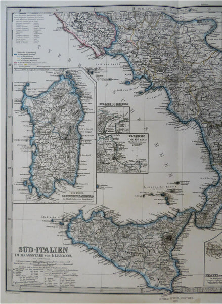 Southern Italy Calabria Sicily Naples Palermo 1869 Petermann detailed map