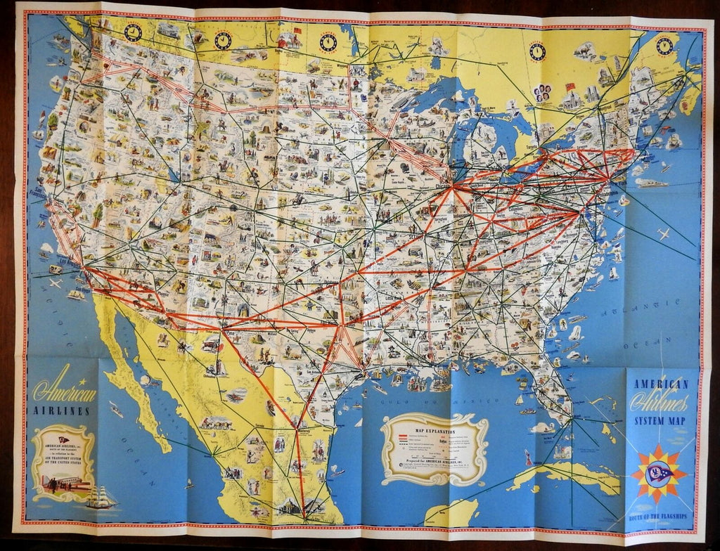 American Airlines Cartoon Pictorial map c. 1950-60 United States & Mexico