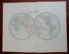 World Map in Double Hemispheres 1861 Tardieu large hand color map