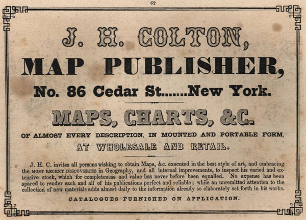 JH Colton Map Publishers 86 Cedar St. c.1850 Advertising New York city on print