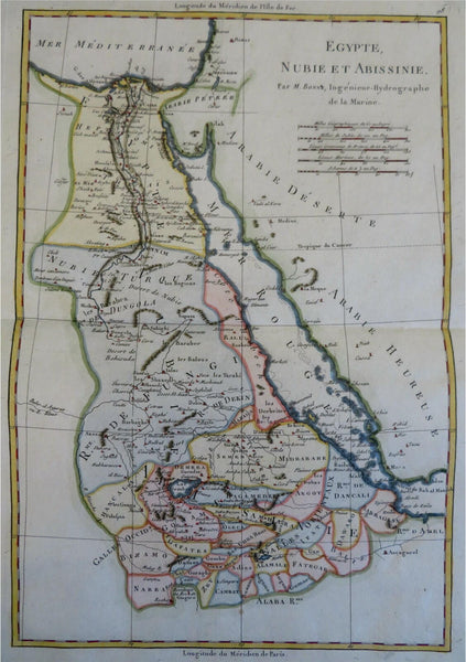 Egypt Sudan Abyssinia Red Sea Nile River East Africa 1788 Bonne engraved map