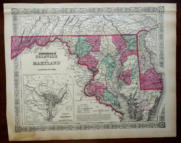 Maryland & Delaware Washington D.C. 1867-8 Johnson & Ward map Scarce Issue