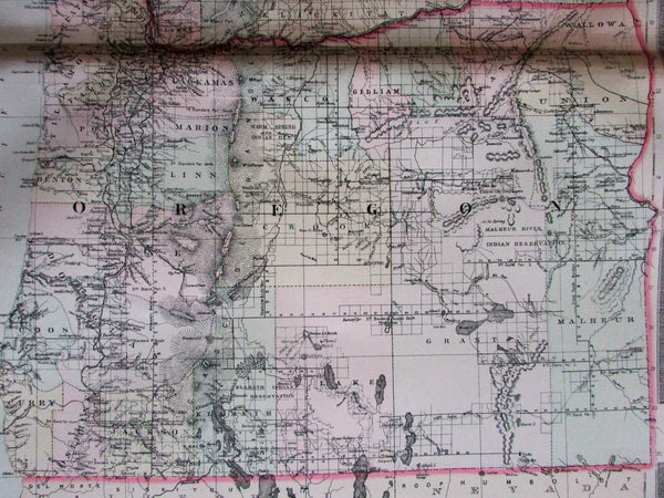 Washington Oregon states detailed U.S. 1889 Bradley large hand colored old map