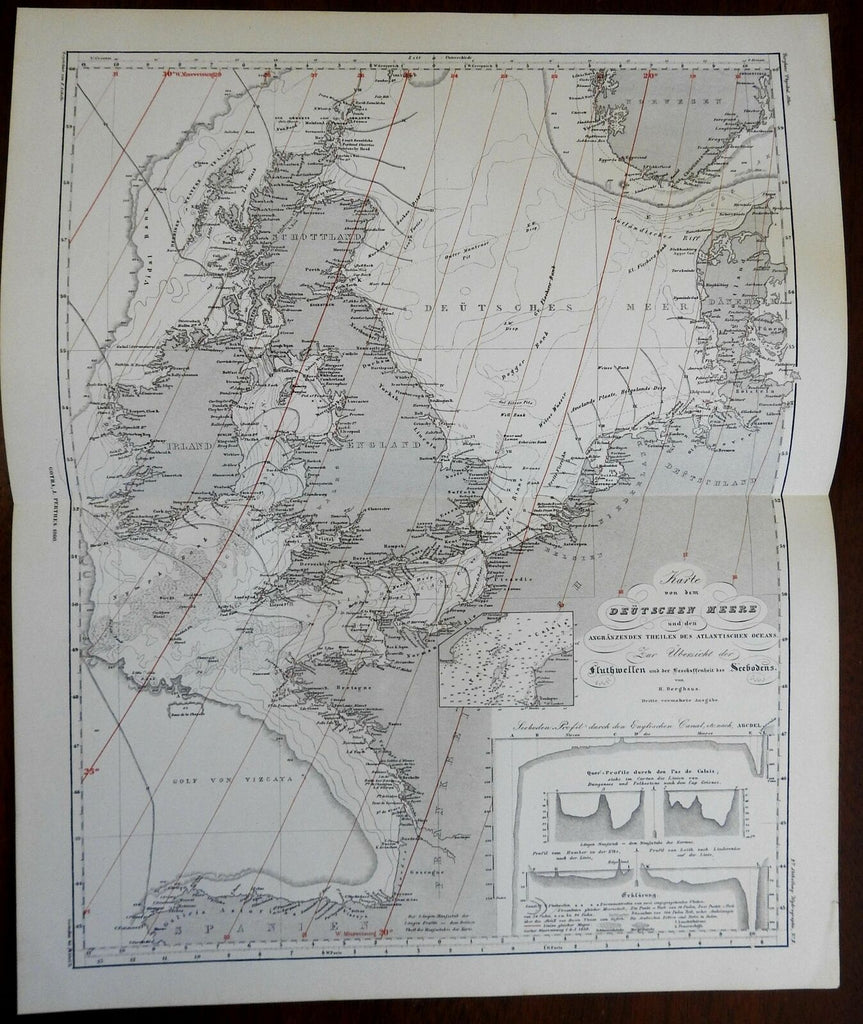 North Sea British Isles English Channel Denmark Sea Depth 1860 Berghaus map