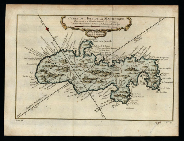 Martinique Caribbean 1758 Bellin island decorative map lovely hand color