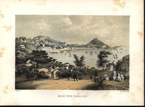 Macau from Penha Hill Eastern Asian Ships 1857 antique color lithograph print