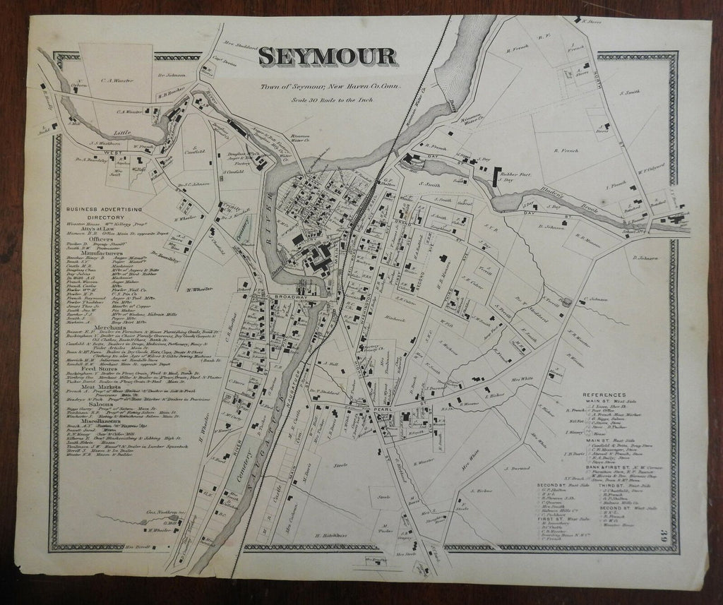 Seymour Connecticut 1868 F.W. Beers detailed city plan w/ business directory