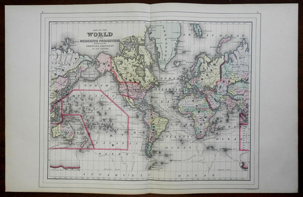 World Map on Mercator's Projection North & South America Asia 1887 Bradley map