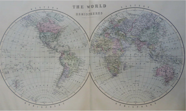 World Map in Double Hemispheres 1889-93 Bradley folio hand color detail map