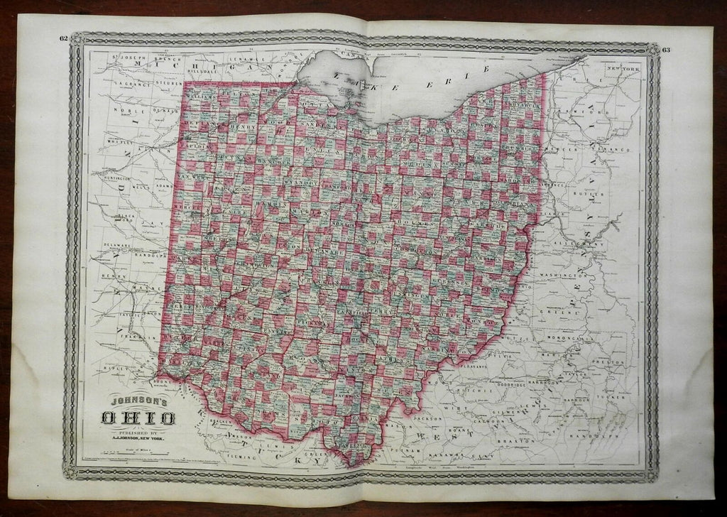 Ohio state map Cincinnati Cleveland Toledo 1870 A.J. Johnson Scarce Issue map