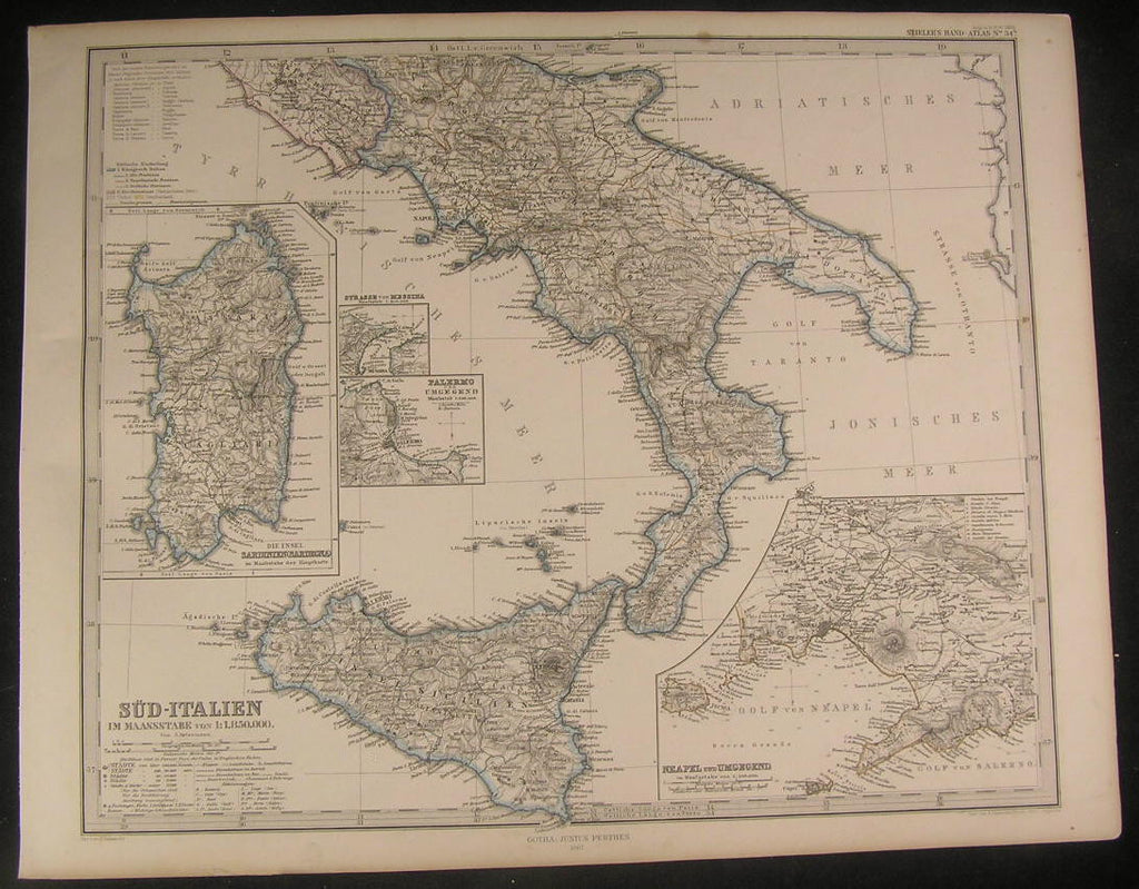 South Italy 1867 antique engraved hand color map
