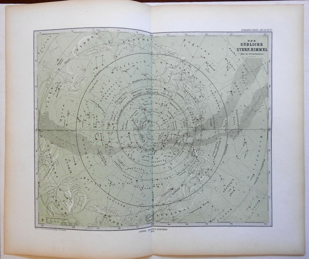 Southern Night Sky Constellations Star Map Zodiac 1874 Stieler detailed map