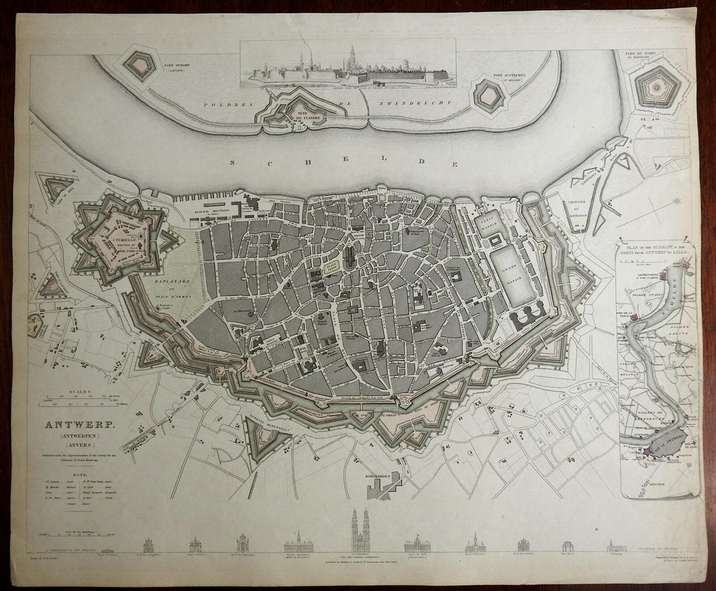 Antwerp Belgium Anvers detailed city plan architectural views c 1840 SDUK map