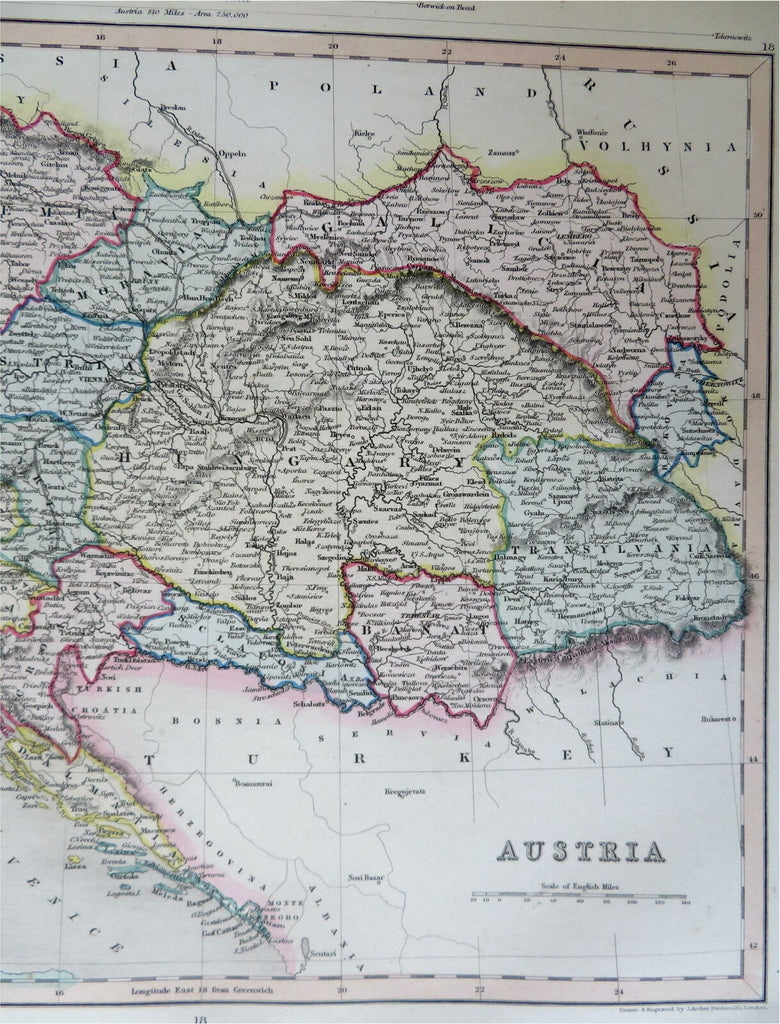 Austria-Hungary Hapsburg Empire Bohemia Croatia c. 1850-8 Archer engraved map
