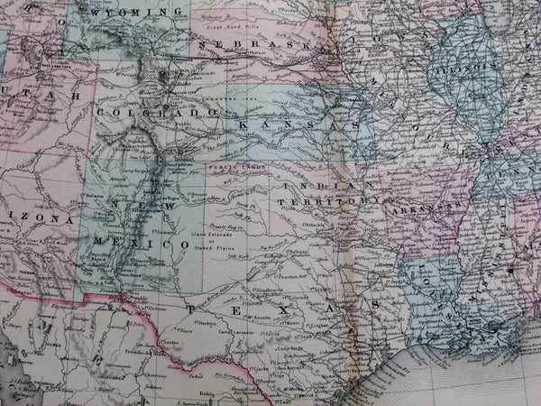 United States U.S. America Texas Indian Territory 1879 Johnson old color map