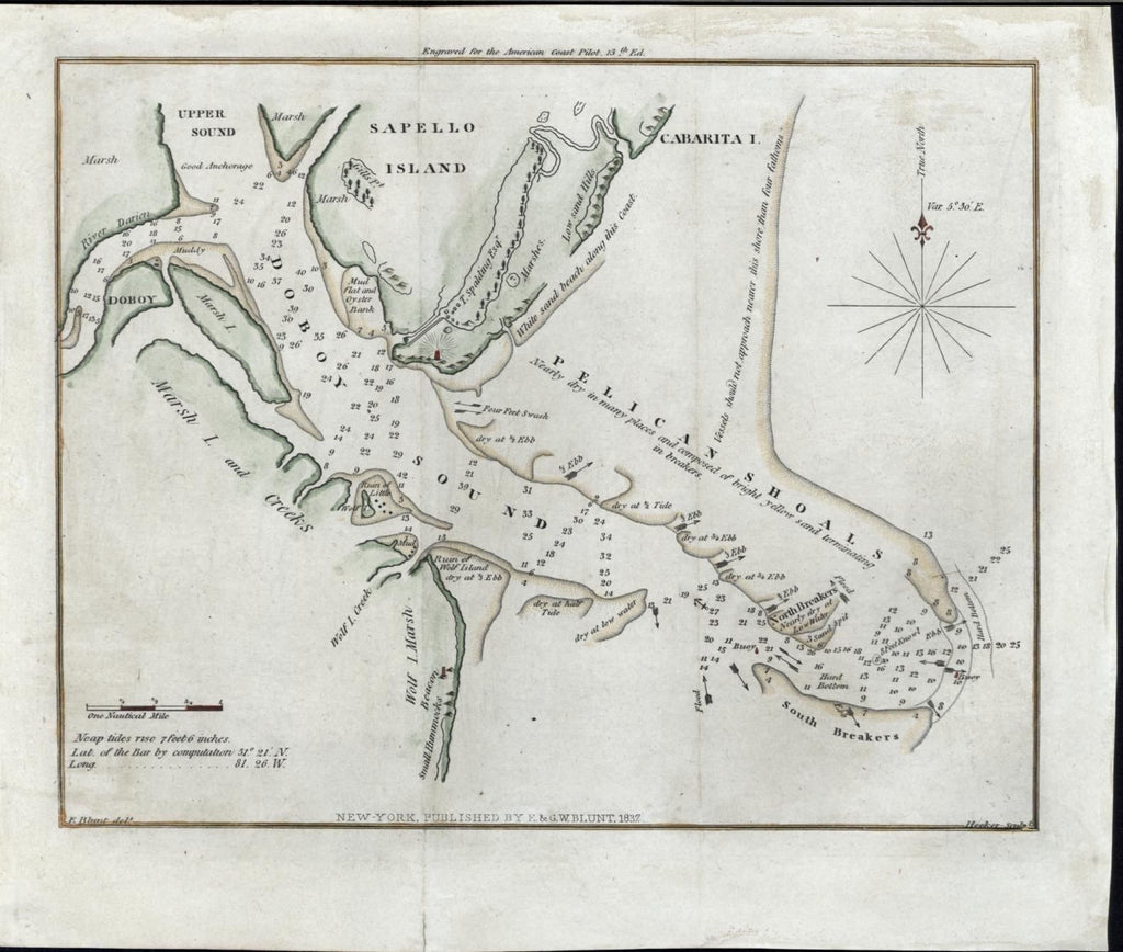 Doboy Sound Pelican Shoals Sapello Georgia 1837 antique engraved hand color map