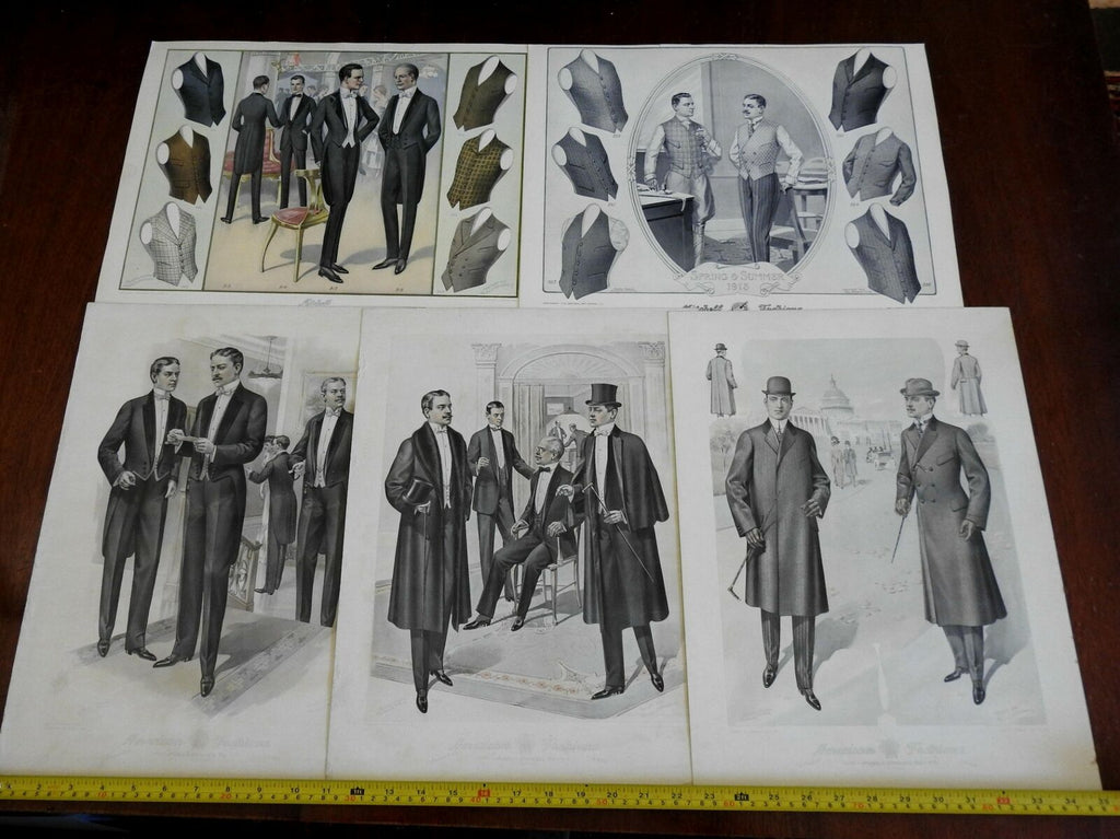 Male Fashion huge prints 1915 lot x 5 stylish suits Tuxedos Top Hats Formal Wear