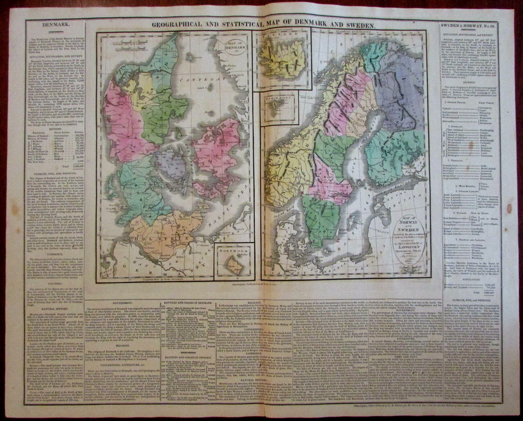 Denmark Sweden Iceland Faroe Isles Scandinavia 1820-21 Carey large engraved map