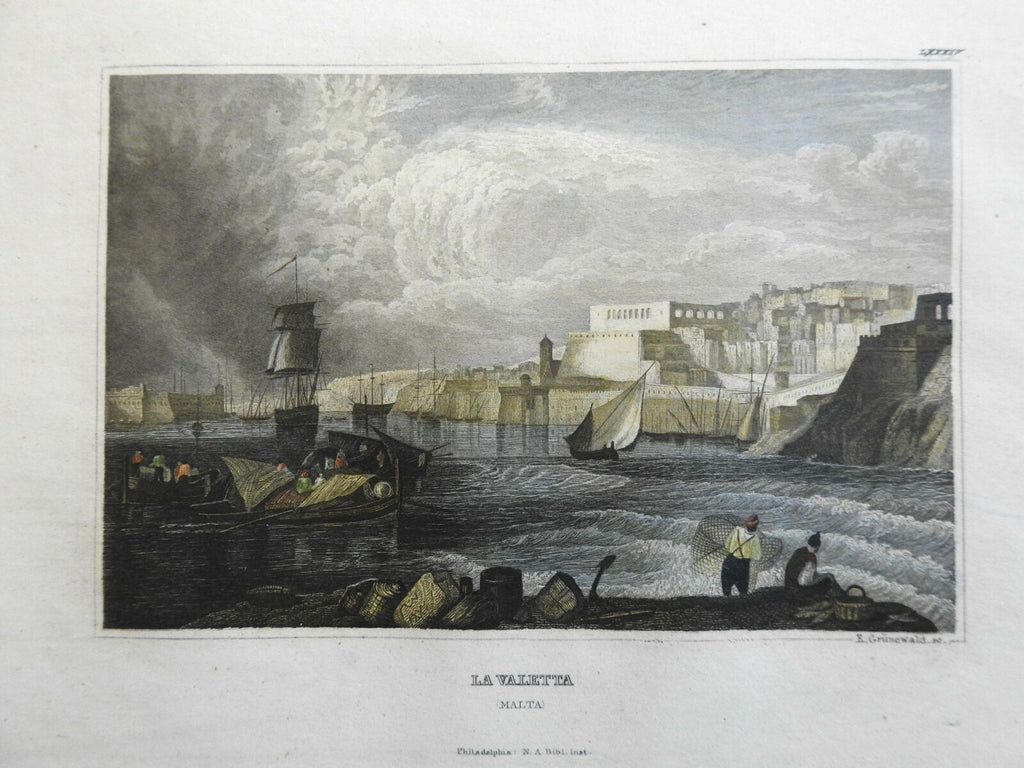Malta Mediterranean Valetta Harbor View c. 1840's lovely hand color print