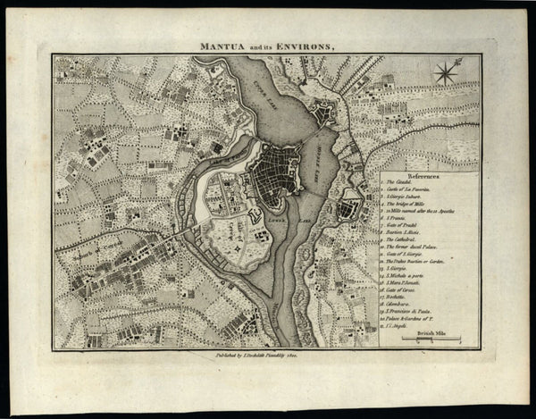 Mantua Italy Italia 1800 Stockdale city plan w/ environs terrain