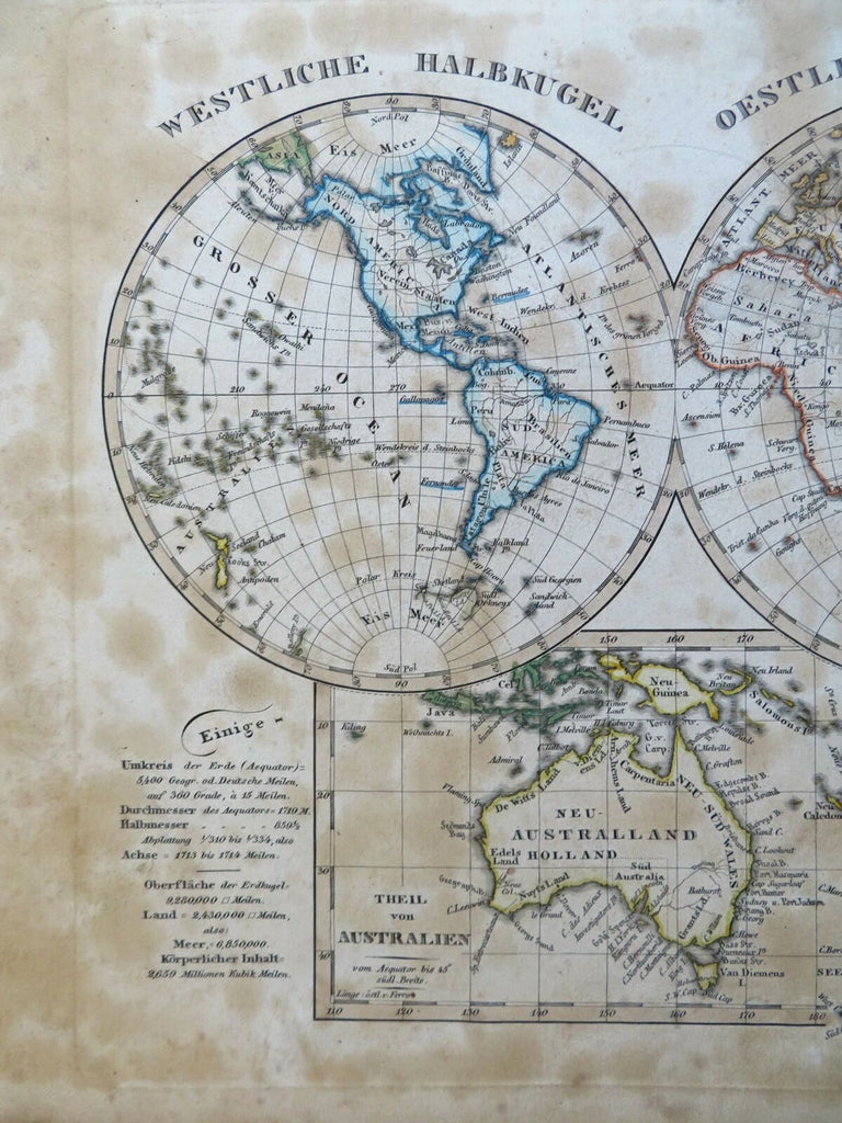 World Map in Double Hemispheres Australia New Zealand 1843 Stieler engraved map