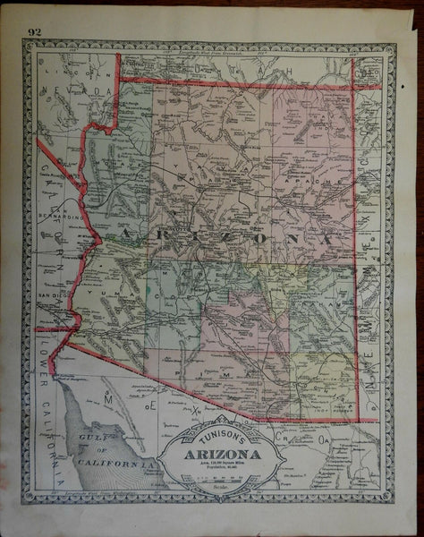 Arizona State Map American Southwest Phoenix Prescott 1892 Tunison map