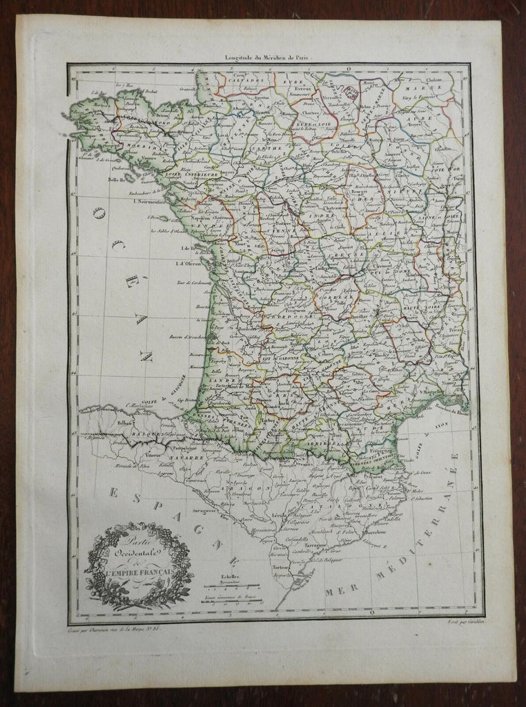 Western France Brittany Aquitaine Gascony French Empire c. 1810 Charnouin map