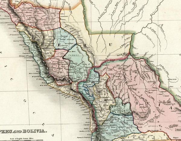 Peru Bolivia South America close-up c.1836 Dower beautiful map hand colored