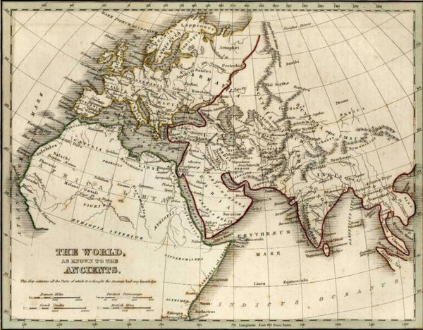 Ancient world map Mediterranean Europe Africa Asia Arabia 1835 Bradford map