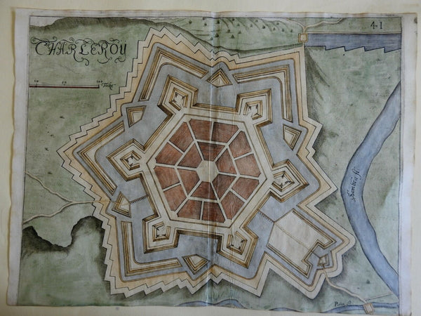 Charleroy Belgium Europe 1673 Priorato city plan with birds-eye view map