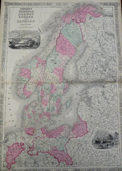 Kingdom of Prussia Norway Sweden Denmark 1863 Johnson & Ward map w/ vignettes