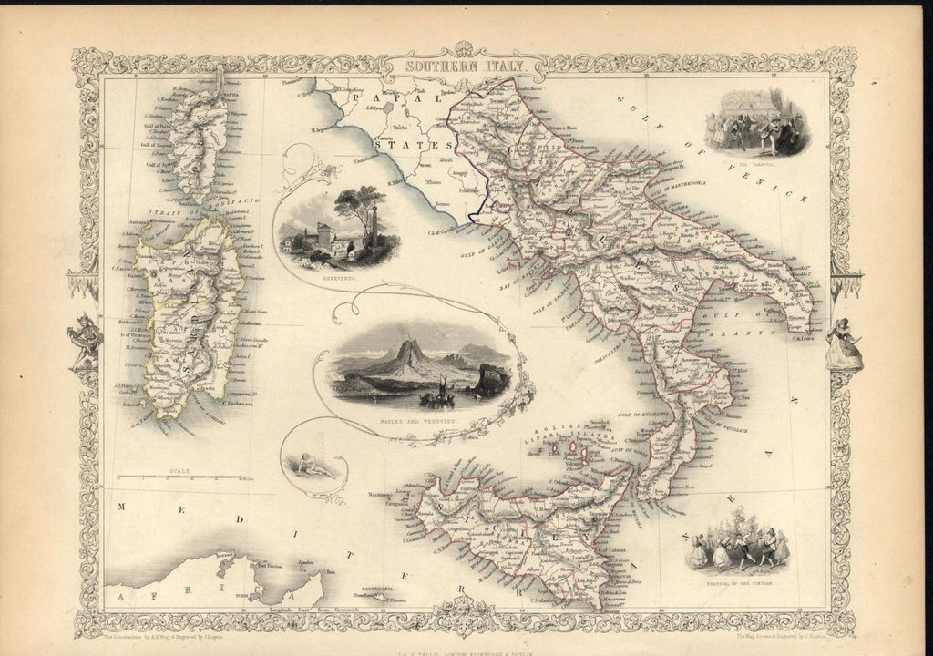 Southern Italy Sicily Sardinia Naples 1851 antique decorative Tallis map