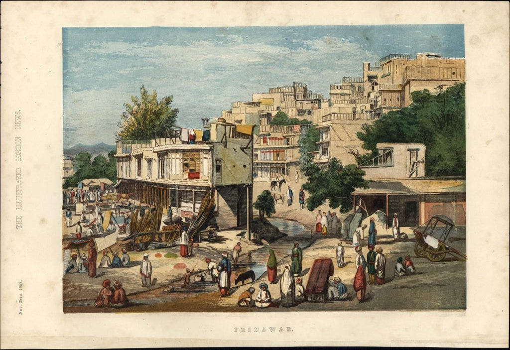 Peshawar Pakistan Khyber 1857 rare beautiful color lithographed city view print