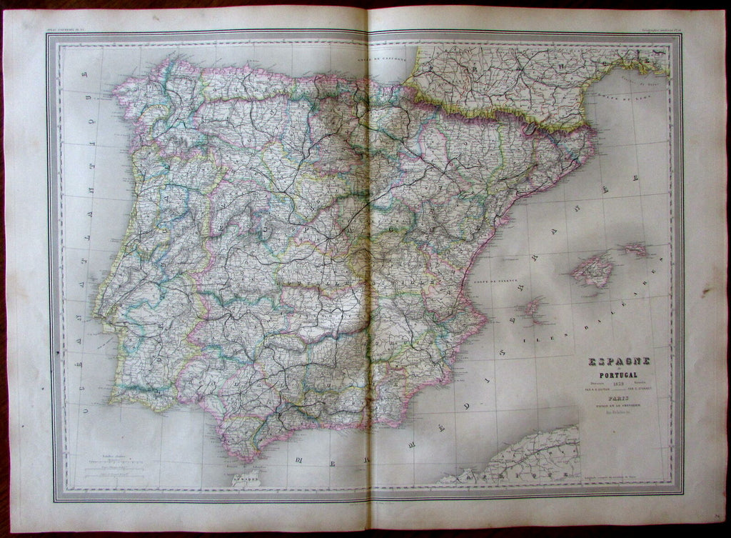 Spain Portugal Pyrennes Balearic islands 1859 Dufour Dyonnet fine huge map