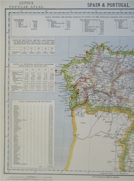 Spain Galicia region Asturias Coruna Tuy Vigo Oviedo 1883 Letts scarce map