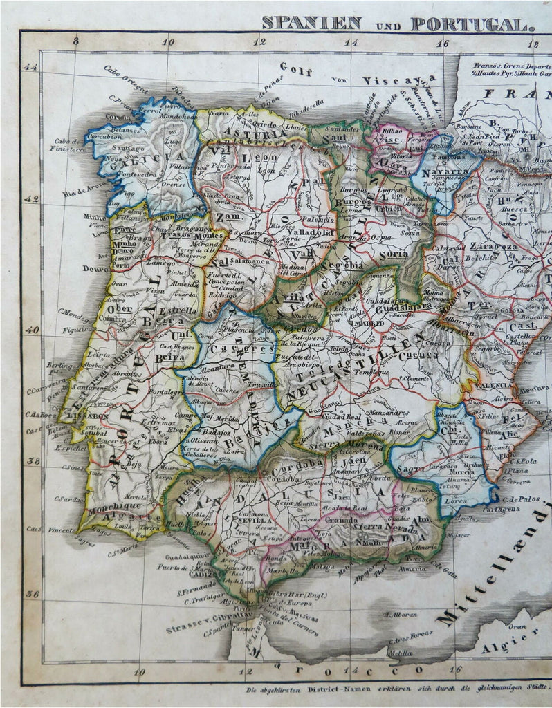 Spain & Portugal Iberia Lisbon Madrid Barcelona 1843 Stieler engraved map