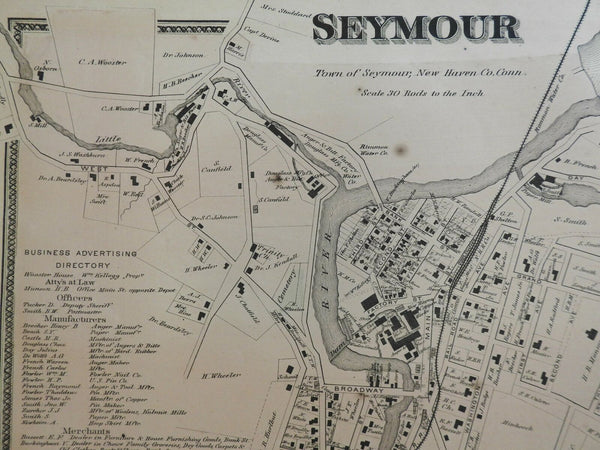 Seymour Connecticut 1868 F.W. Beers detailed city plan w/ business directory