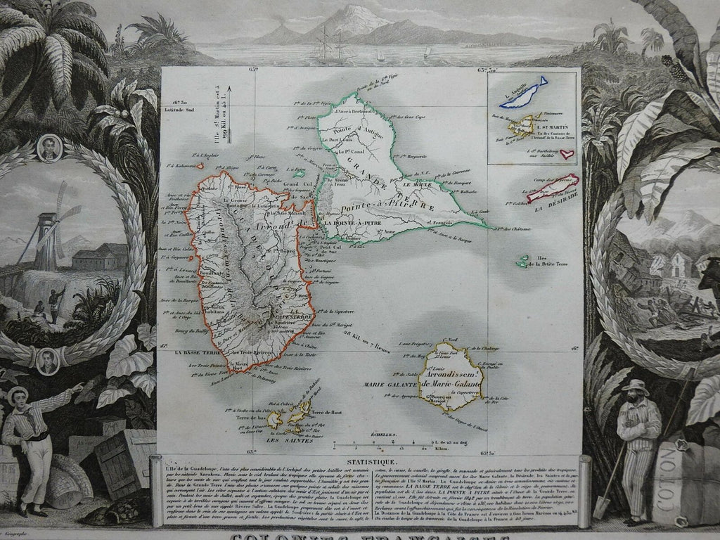 Guadeloupe Caribbean Islands French Colonies 1855 Lemercier decorative map