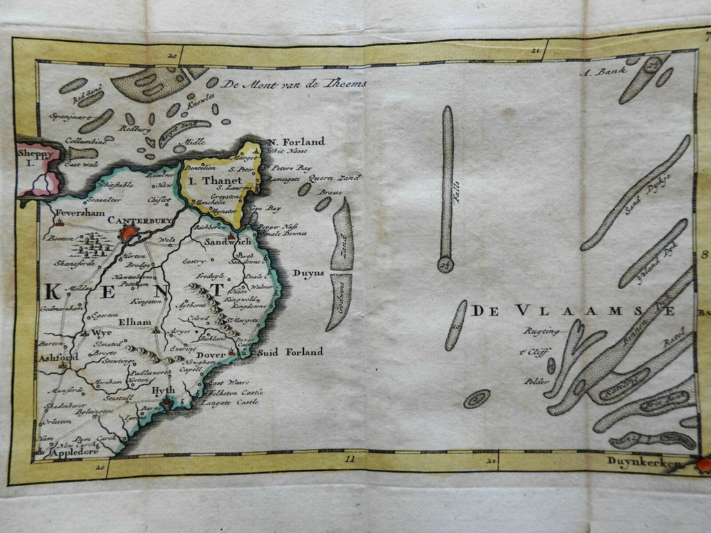 English Channel Kent Canterbury Isle of Thanet Dunkirk 1737 De Lat engraved map