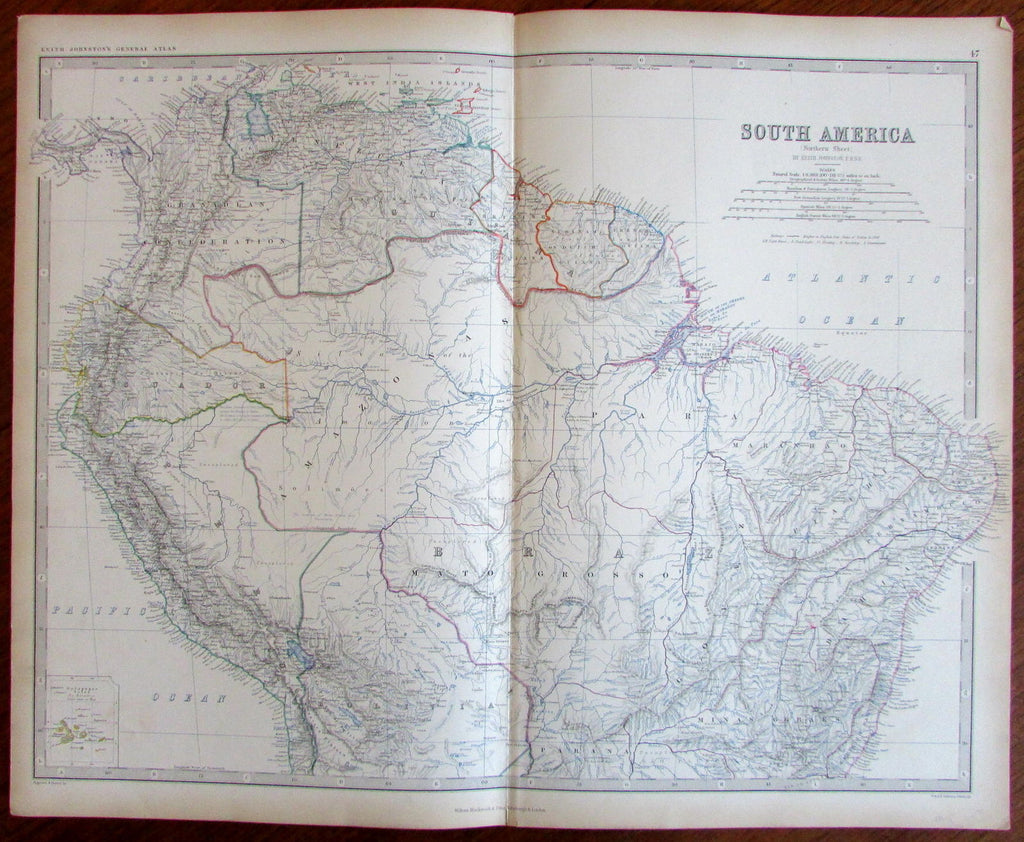 South America w/ unknown & unexplored c.1885 huge engraved Hand Color Old Map