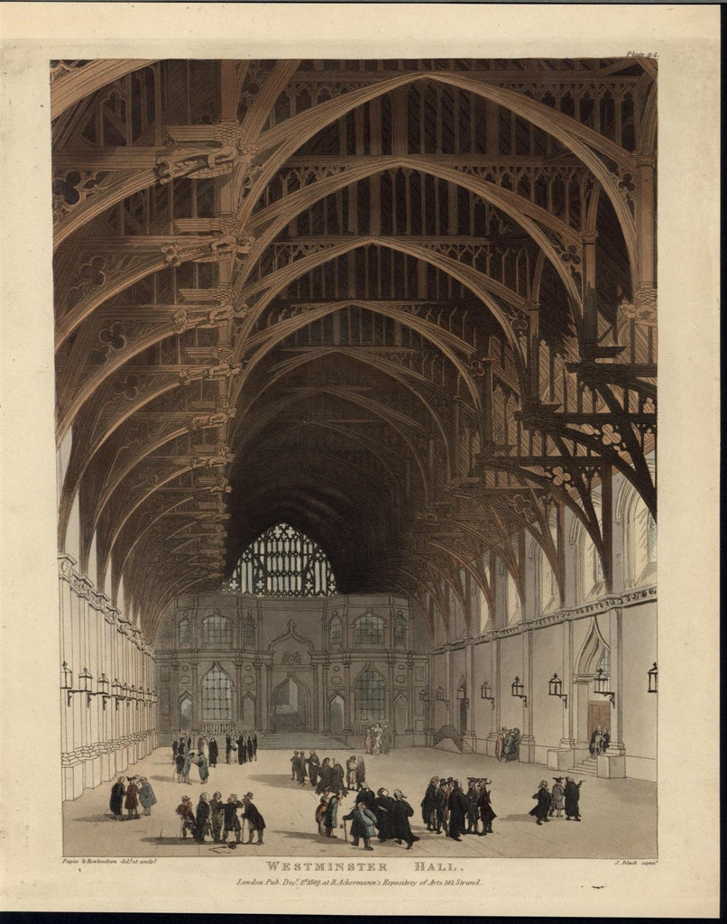 Westminster Hall England UK groups 1809 antique aquatint architectural print