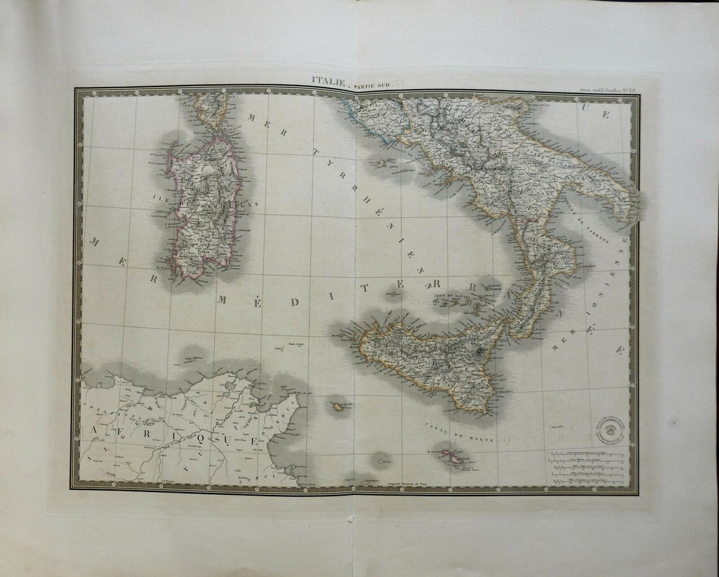 Southern Italy Sicily Malta Sardinia 1836 Brue large detailed map hand color