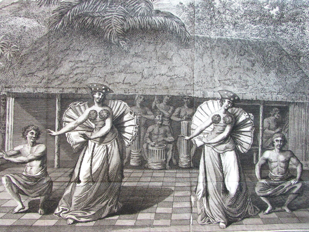 Taihiti Natives Music and Dancing 1802 antique engraved Cook exploration print