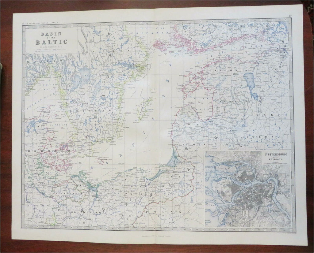 Baltic Sea Scandinavia Russia St. Petersburg 1865 Johnston large folio map