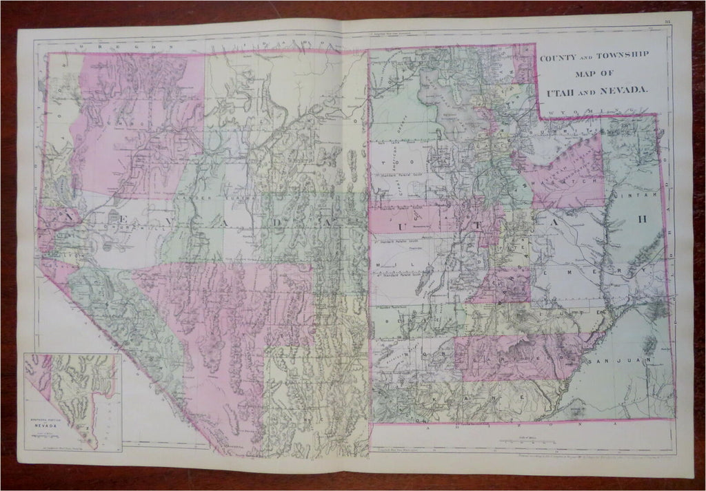 Utah & Nevada American Southwest 1881 Mitchell large hand color map