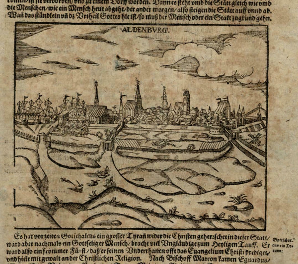 Aldenburg Germany 1628 Munster Cosmography wood cut print birds-eye city view