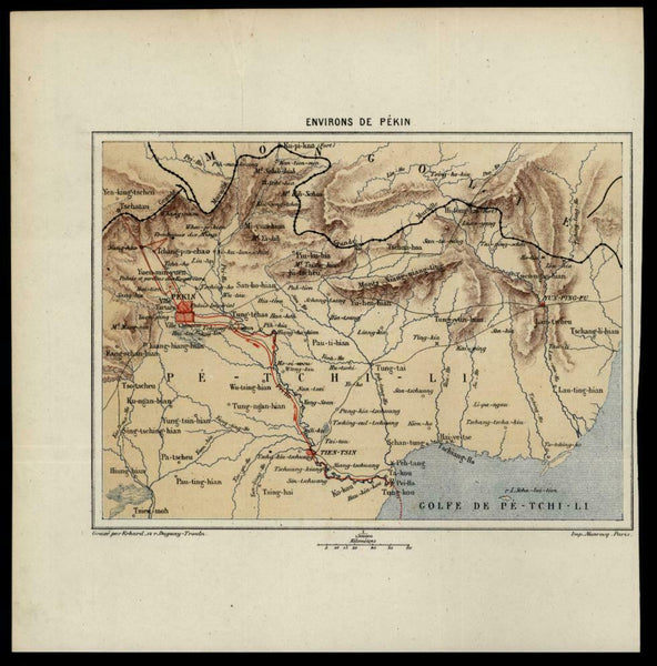 Peking China environs 1880 Erhard color lithographed small map Pe-Tchi-Li