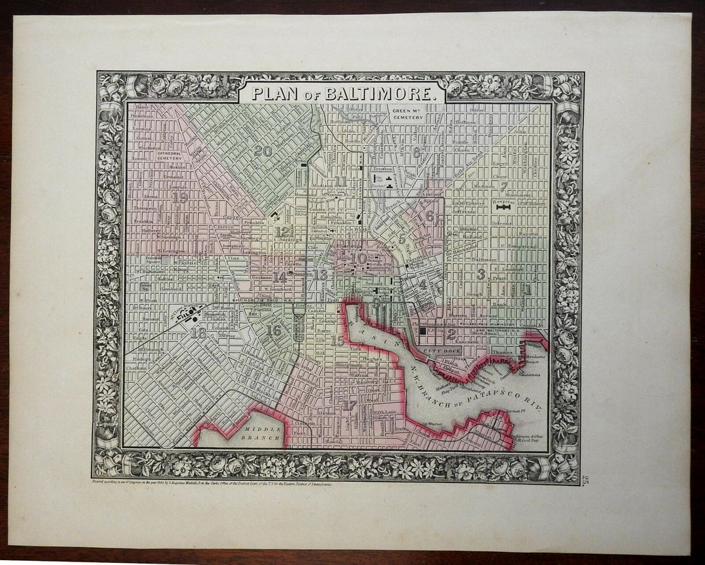 Baltimore Maryland detailed city plan Patapsco River Railroad 1860 Mitchell map