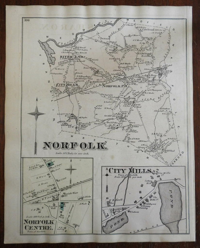 Norfolk Township & Centre City Mills River End 1876 Mass. detailed map